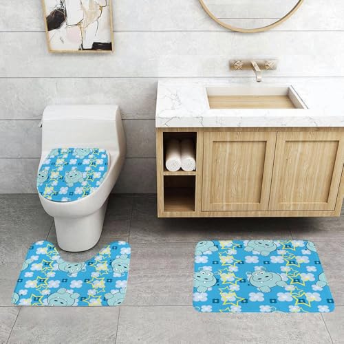 QRFASFZO 3 Stück Badematten und WC Vorleger Microfaser Weiches Badteppich badvorleger rutschfest Waschbar Badezimmerteppich Set,Gelb und Blau Lustige Cartoon Nilpferd mit Sternen und Cute1 von QRFASFZO