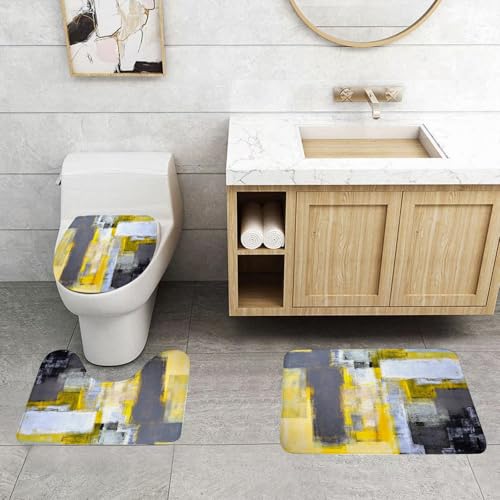 QRFASFZO 3 Stück Badematten und WC Vorleger Microfaser Weiches Badteppich badvorleger rutschfest Waschbar Badezimmerteppich Set,Gelb und Grau, Abstrakte Kunst Malerei Zeichnung Moderne Komposition S von QRFASFZO