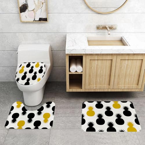 QRFASFZO 3 Stück Badematten und WC Vorleger Microfaser Weiches Badteppich badvorleger rutschfest Waschbar Badezimmerteppich Set,Gelb und Schwarz, exotische Kurzurlaubs-Illustration, frisches Essen f von QRFASFZO