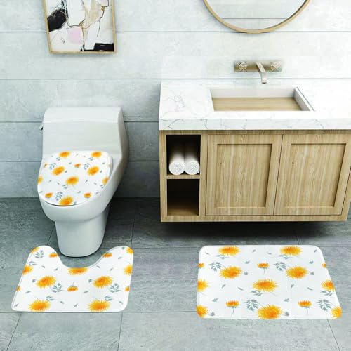 QRFASFZO 3 Stück Badematten und WC Vorleger Microfaser Weiches Badteppich badvorleger rutschfest Waschbar Badezimmerteppich Set,Gelbe Blume, saisonale Herbstblumen Chrysantheme Herbstblätter Nat1 von QRFASFZO