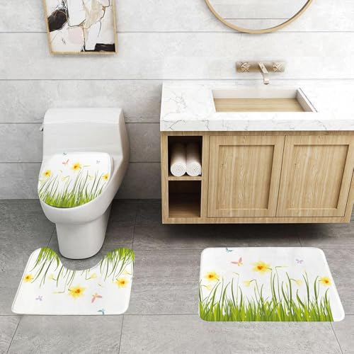 QRFASFZO 3 Stück Badematten und WC Vorleger Microfaser Weiches Badteppich badvorleger rutschfest Waschbar Badezimmerteppich Set,Gelbe Narzissen im üppigen Gras, begleitet von bunten Schmetterlingen von QRFASFZO