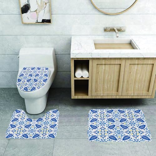 QRFASFZO 3 Stück Badematten und WC Vorleger Microfaser Weiches Badteppich badvorleger rutschfest Waschbar Badezimmerteppich Set,Gelbe und Blaue portugiesische traditionelle Fliesen Mosaik abstrakte von QRFASFZO