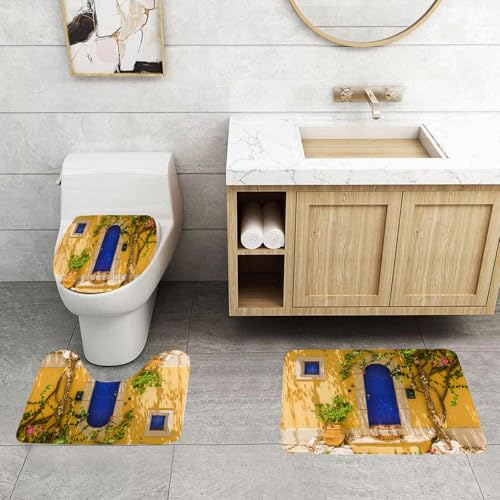 QRFASFZO 3 Stück Badematten und WC Vorleger Microfaser Weiches Badteppich badvorleger rutschfest Waschbar Badezimmerteppich Set,Gelbe und Blaue traditionelle griechische Tür mit Blumen und Bäumen im QRFASFZO 3 Stück Badematten und WC Vorleger Microfaser Weiches Badteppich badvorleger rutschfest Waschbar Badezimmerteppich Set,Gelbe und Blaue traditionelle griechische Tür mit Blumen und Bäumen im von QRFASFZO