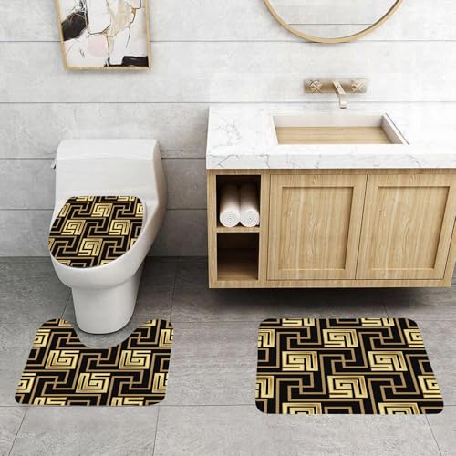 QRFASFZO 3 Stück Badematten und WC Vorleger Microfaser Weiches Badteppich badvorleger rutschfest Waschbar Badezimmerteppich Set,Geometrischer Mäander Schwarz und Gold Griechenland Griechische Fliese QRFASFZO 3 Stück Badematten und WC Vorleger Microfaser Weiches Badteppich badvorleger rutschfest Waschbar Badezimmerteppich Set,Geometrischer Mäander Schwarz und Gold Griechenland Griechische Fliese von QRFASFZO