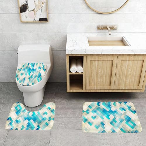 QRFASFZO 3 Stück Badematten und WC Vorleger Microfaser Weiches Badteppich badvorleger rutschfest Waschbar Badezimmerteppich Set,Geometrisches Retro-Muster, diagonales blau-weißes Rautenmuster, nahtl QRFASFZO 3 Stück Badematten und WC Vorleger Microfaser Weiches Badteppich badvorleger rutschfest Waschbar Badezimmerteppich Set,Geometrisches Retro-Muster, diagonales blau-weißes Rautenmuster, nahtl von QRFASFZO