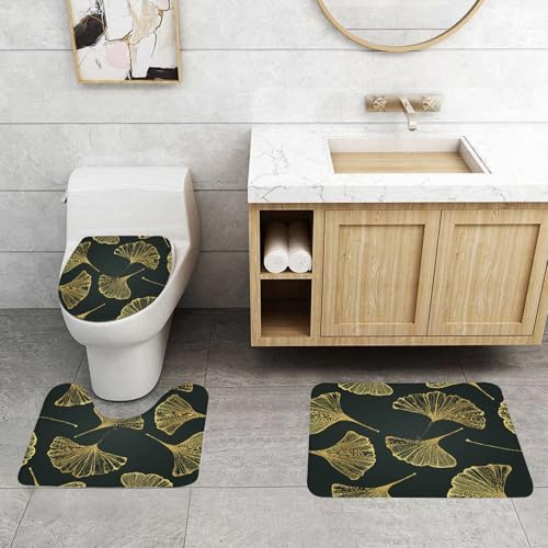 QRFASFZO 3 Stück Badematten und WC Vorleger Microfaser Weiches Badteppich badvorleger rutschfest Waschbar Badezimmerteppich Set,Ginkgoblätter nahtloses Muster Vektor botanische Illustration floralen von QRFASFZO