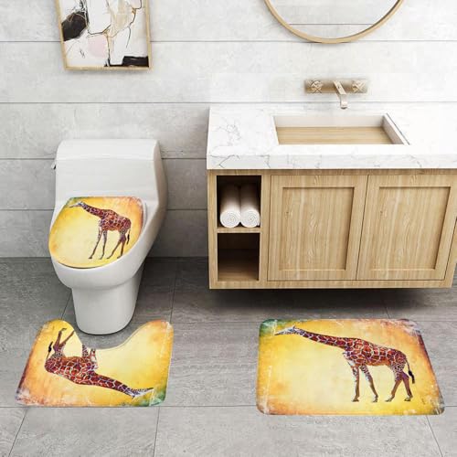 QRFASFZO 3 Stück Badematten und WC Vorleger Microfaser Weiches Badteppich badvorleger rutschfest Waschbar Badezimmerteppich Set,Giraffen-Bettbezug-Set mit Kissenbezügen, Vintage-afrikanischer Landsc von QRFASFZO