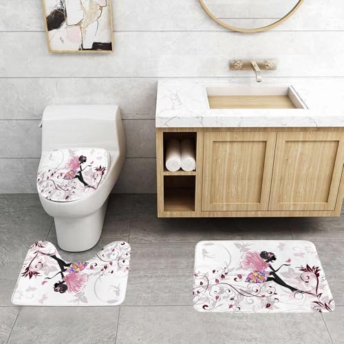 QRFASFZO 3 Stück Badematten und WC Vorleger Microfaser Weiches Badteppich badvorleger rutschfest Waschbar Badezimmerteppich Set,Girls Together Teenager, Blumenfee mit Schmetterlingen von QRFASFZO