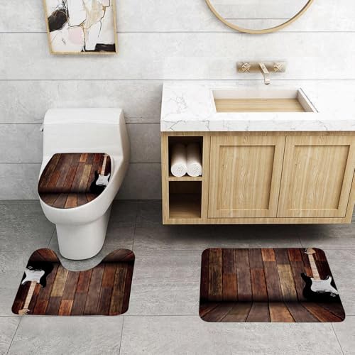 QRFASFZO 3 Stück Badematten und WC Vorleger Microfaser Weiches Badteppich badvorleger rutschfest Waschbar Badezimmerteppich Set,Glatte schwarz-weiße E-Gitarre lehnt an verwitterter Holzwand verström von QRFASFZO