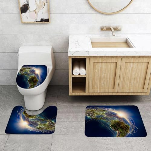 QRFASFZO 3 Stück Badematten und WC Vorleger Microfaser Weiches Badteppich badvorleger rutschfest Waschbar Badezimmerteppich Set,Globale Konnektivität, die Darstellung der Erde ist eine Strahlung, di von QRFASFZO
