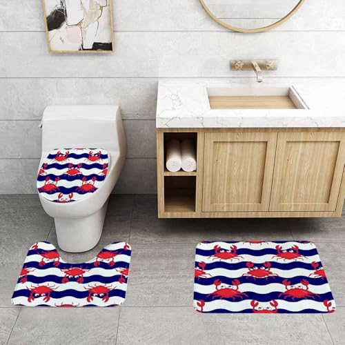 QRFASFZO 3 Stück Badematten und WC Vorleger Microfaser Weiches Badteppich badvorleger rutschfest Waschbar Badezimmerteppich Set,Glückliche Krabben Nahtloses nautisches Muster mit süßen Krabben und g von QRFASFZO