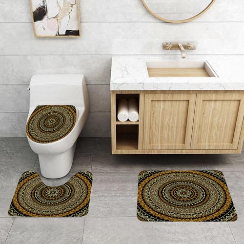 QRFASFZO 3 Stück Badematten und WC Vorleger Microfaser Weiches Badteppich badvorleger rutschfest Waschbar Badezimmerteppich Set,Gold-Mandala, indisches dekoratives Motiv, Symbol des Universums im Gl QRFASFZO 3 Stück Badematten und WC Vorleger Microfaser Weiches Badteppich badvorleger rutschfest Waschbar Badezimmerteppich Set,Gold-Mandala, indisches dekoratives Motiv, Symbol des Universums im Gl von QRFASFZO