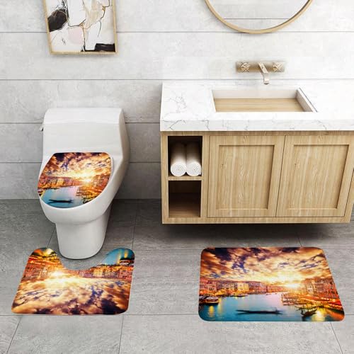 QRFASFZO 3 Stück Badematten und WC Vorleger Microfaser Weiches Badteppich badvorleger rutschfest Waschbar Badezimmerteppich Set,Gold Romantischer Sonnenuntergang Italienisches Venedig Europäisches W von QRFASFZO