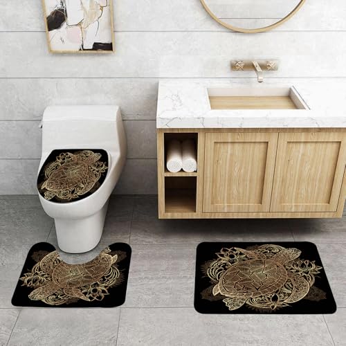 QRFASFZO 3 Stück Badematten und WC Vorleger Microfaser Weiches Badteppich badvorleger rutschfest Waschbar Badezimmerteppich Set,Gold handgezeichnete Meeresschildkröte und Lotusblumen auf schwarzem H QRFASFZO 3 Stück Badematten und WC Vorleger Microfaser Weiches Badteppich badvorleger rutschfest Waschbar Badezimmerteppich Set,Gold handgezeichnete Meeresschildkröte und Lotusblumen auf schwarzem H von QRFASFZO