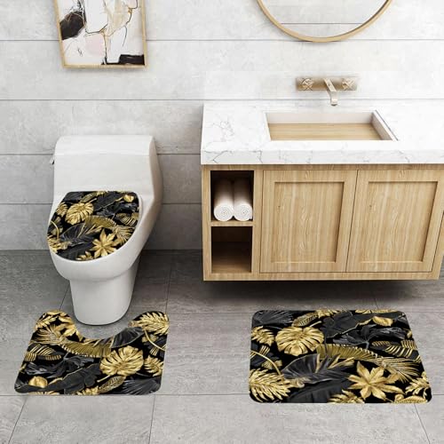 QRFASFZO 3 Stück Badematten und WC Vorleger Microfaser Weiches Badteppich badvorleger rutschfest Waschbar Badezimmerteppich Set,Gold und Schwarz Tropische Blätter auf dunklem Hintergrund QRFASFZO 3 Stück Badematten und WC Vorleger Microfaser Weiches Badteppich badvorleger rutschfest Waschbar Badezimmerteppich Set,Gold und Schwarz Tropische Blätter auf dunklem Hintergrund von QRFASFZO
