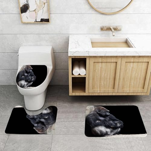 QRFASFZO 3 Stück Badematten und WC Vorleger Microfaser Weiches Badteppich badvorleger rutschfest Waschbar Badezimmerteppich Set,Gorilla, Der majestätische Gorilla lehnte Sich an die Steinmauer, EIN von QRFASFZO