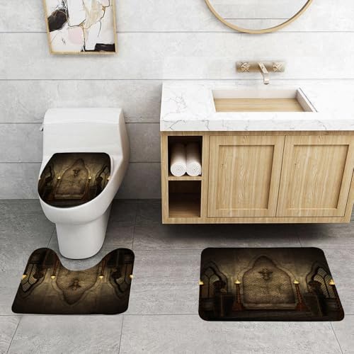 QRFASFZO 3 Stück Badematten und WC Vorleger Microfaser Weiches Badteppich badvorleger rutschfest Waschbar Badezimmerteppich Set,Gothic-Fantasy-Szene mit altmodischer Holzfackel und Totenkopf-Kerzens von QRFASFZO