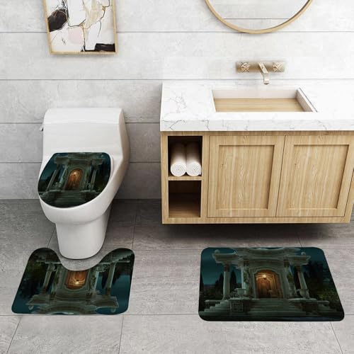 QRFASFZO 3 Stück Badematten und WC Vorleger Microfaser Weiches Badteppich badvorleger rutschfest Waschbar Badezimmerteppich Set,Gotischer, römischer Pavillon, Laterne, Efeu auf Säulen unter der Kupp von QRFASFZO