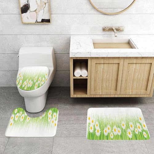 QRFASFZO 3 Stück Badematten und WC Vorleger Microfaser Weiches Badteppich badvorleger rutschfest Waschbar Badezimmerteppich Set,Gras und Kamille. Element für die Design-Frontplankarte über die Natur von QRFASFZO