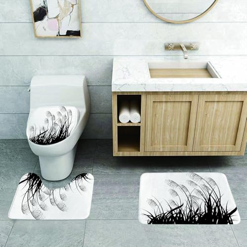 QRFASFZO 3 Stück Badematten und WC Vorleger Microfaser Weiches Badteppich badvorleger rutschfest Waschbar Badezimmerteppich Set,Gras. Schwarze Silhouette eines Grases auf weißem Hintergrund von QRFASFZO