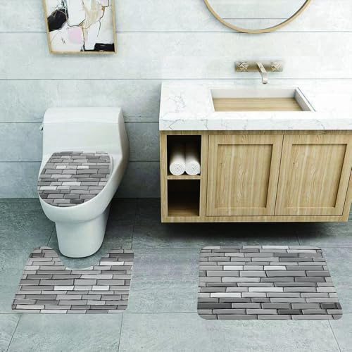 QRFASFZO 3 Stück Badematten und WC Vorleger Microfaser Weiches Badteppich badvorleger rutschfest Waschbar Badezimmerteppich Set,Grau, Illustration Einer Ziegelwand, zeitgenössischer Kunstdruck, 3D-V von QRFASFZO
