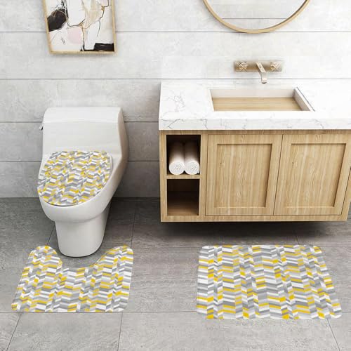 QRFASFZO 3 Stück Badematten und WC Vorleger Microfaser Weiches Badteppich badvorleger rutschfest Waschbar Badezimmerteppich Set,Grau und Gelb, Geometrisches Vintage-Muster der 60er Jahre, inspiriert QRFASFZO 3 Stück Badematten und WC Vorleger Microfaser Weiches Badteppich badvorleger rutschfest Waschbar Badezimmerteppich Set,Grau und Gelb, Geometrisches Vintage-Muster der 60er Jahre, inspiriert von QRFASFZO