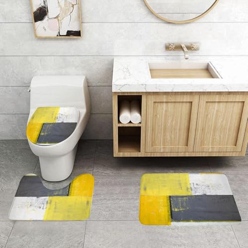 QRFASFZO 3 Stück Badematten und WC Vorleger Microfaser Weiches Badteppich badvorleger rutschfest Waschbar Badezimmerteppich Set,Grau und Gelb, Street Art Modern Grunge Abstraktes Design Quadrate, We von QRFASFZO