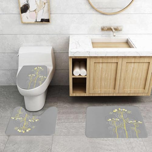 QRFASFZO 3 Stück Badematten und WC Vorleger Microfaser Weiches Badteppich badvorleger rutschfest Waschbar Badezimmerteppich Set,Grau und Gelb, Unter dem Meer inspirierte Blumen, abstrakte Wirbel, Hi von QRFASFZO