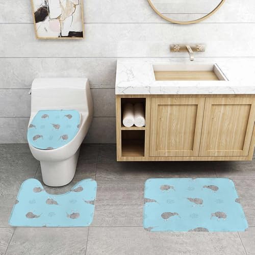 QRFASFZO 3 Stück Badematten und WC Vorleger Microfaser Weiches Badteppich badvorleger rutschfest Waschbar Badezimmerteppich Set,Graublau, Kiwi-Vögel, Einheimische neuseeländische Tiere, Gekritzel S1 von QRFASFZO