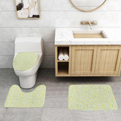 QRFASFZO 3 Stück Badematten und WC Vorleger Microfaser Weiches Badteppich badvorleger rutschfest Waschbar Badezimmerteppich Set,Grün, Doodle-Stil süßes Nanny-Muster mit Gänseblümchenblüten1 von QRFASFZO