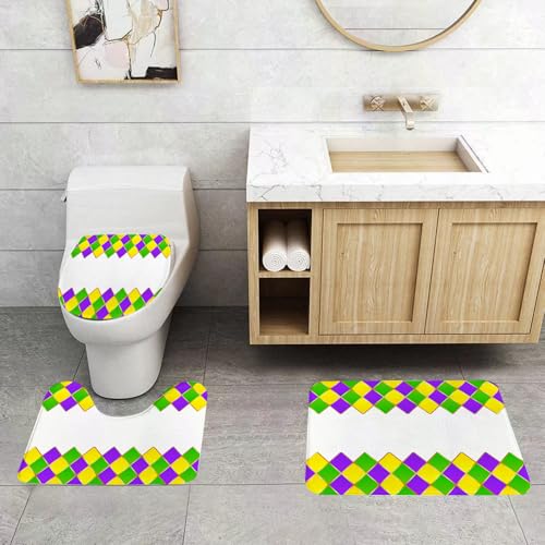 QRFASFZO 3 Stück Badematten und WC Vorleger Microfaser Weiches Badteppich badvorleger rutschfest Waschbar Badezimmerteppich Set,Grün-violett-gelbes Gitter Mardi Gras Rahmen von QRFASFZO