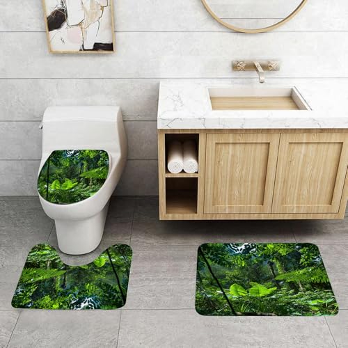 QRFASFZO 3 Stück Badematten und WC Vorleger Microfaser Weiches Badteppich badvorleger rutschfest Waschbar Badezimmerteppich Set,Grüne Pflanze intakten Dschungel Natur Anliegen von QRFASFZO