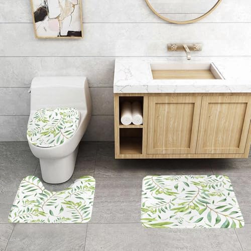 QRFASFZO 3 Stück Badematten und WC Vorleger Microfaser Weiches Badteppich badvorleger rutschfest Waschbar Badezimmerteppich Set,Grünes Aquarell Olivenzweig Nahtlose Muster auf weißem Hintergrund von QRFASFZO