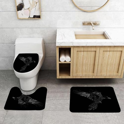 QRFASFZO 3 Stück Badematten und WC Vorleger Microfaser Weiches Badteppich badvorleger rutschfest Waschbar Badezimmerteppich Set,Grunge Vogel fliegen Rabe schwarz Wildlife Seite Krähe dunkel Detail Z von QRFASFZO