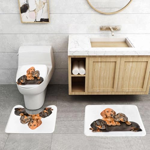 QRFASFZO 3 Stück Badematten und WC Vorleger Microfaser Weiches Badteppich badvorleger rutschfest Waschbar Badezimmerteppich Set,Gruppe Dackelwelpen liegen zusammen. Isoliert auf weißem Hintergrund von QRFASFZO