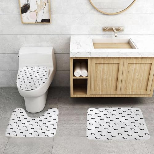 QRFASFZO 3 Stück Badematten und WC Vorleger Microfaser Weiches Badteppich badvorleger rutschfest Waschbar Badezimmerteppich Set,Grußkarte mit schwarzen Hundesilhouetten. Rasse Dackel. von QRFASFZO