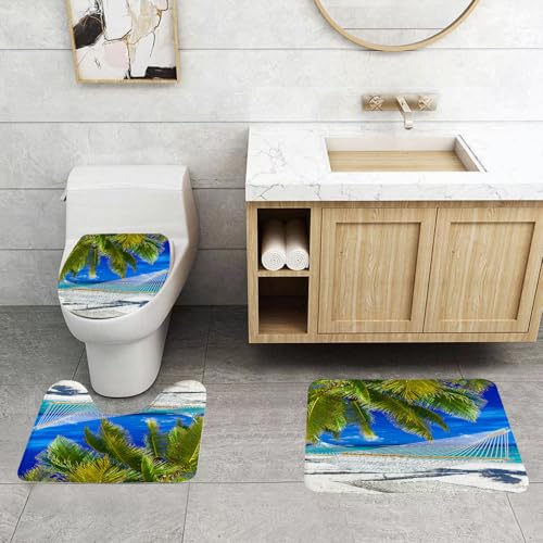 QRFASFZO 3 Stück Badematten und WC Vorleger Microfaser Weiches Badteppich badvorleger rutschfest Waschbar Badezimmerteppich Set,Hängematte unter Kokospalmen am tropischen Strand, Entspannen Sie Sich von QRFASFZO