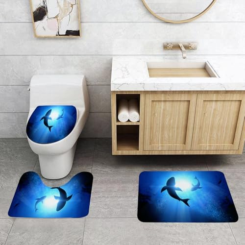 QRFASFZO 3 Stück Badematten und WC Vorleger Microfaser Weiches Badteppich badvorleger rutschfest Waschbar Badezimmerteppich Set,Haie Schwimmen in der Sonne, geheimnisvolle Haie gehen durch Strahlen, von QRFASFZO