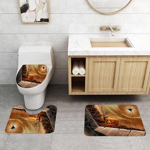 QRFASFZO 3 Stück Badematten und WC Vorleger Microfaser Weiches Badteppich badvorleger rutschfest Waschbar Badezimmerteppich Set,Halloween-Dekoration, im Mondlicht, Hexen brauen Zaubertränke, Spinnen von QRFASFZO
