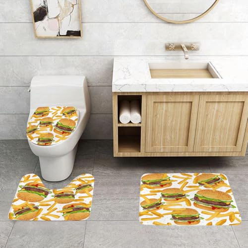 QRFASFZO 3 Stück Badematten und WC Vorleger Microfaser Weiches Badteppich badvorleger rutschfest Waschbar Badezimmerteppich Set,Hamburger-Pommes-Bettwäsche, 3D-Riesenburger, 3-teilig, lustige Fast-F von QRFASFZO