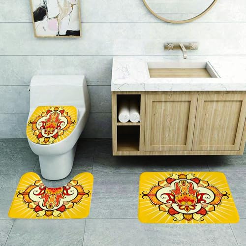 QRFASFZO 3 Stück Badematten und WC Vorleger Microfaser Weiches Badteppich badvorleger rutschfest Waschbar Badezimmerteppich Set,Hamsa, ethnisches, von der Sonne inspiriertes Design, Aura-Energie-YOG von QRFASFZO