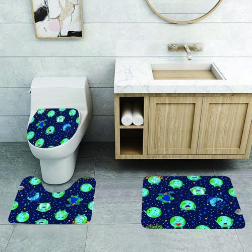 QRFASFZO 3 Stück Badematten und WC Vorleger Microfaser Weiches Badteppich badvorleger rutschfest Waschbar Badezimmerteppich Set,Handgezeichnete kindliche Illustration „Unser Zuhause im Kosmos“. von QRFASFZO