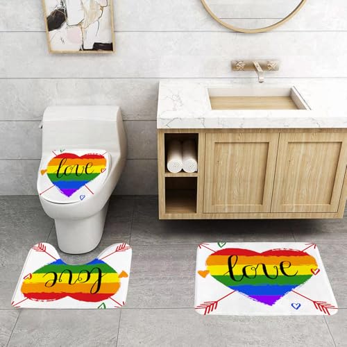 QRFASFZO 3 Stück Badematten und WC Vorleger Microfaser Weiches Badteppich badvorleger rutschfest Waschbar Badezimmerteppich Set,Handgezeichneter Liebesschriftzug auf Regenbogenherzhintergrund. Valen von QRFASFZO