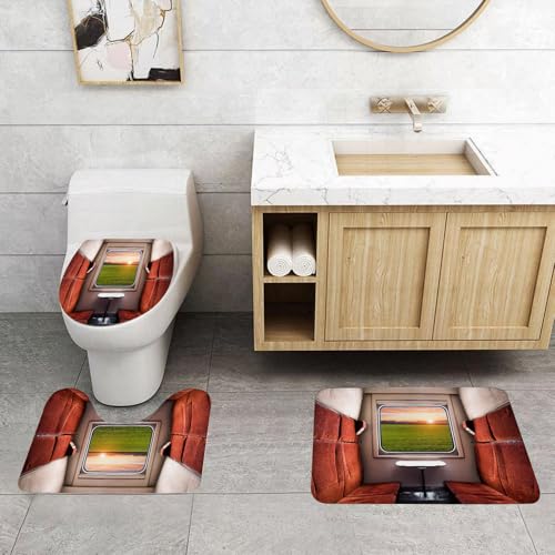 QRFASFZO 3 Stück Badematten und WC Vorleger Microfaser Weiches Badteppich badvorleger rutschfest Waschbar Badezimmerteppich Set,Hausdekor, frische natürliche Kulisse aus dem Zugabteilfenster, Eisenb von QRFASFZO