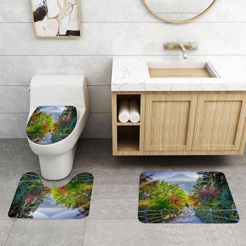 QRFASFZO 3 Stück Badematten und WC Vorleger Microfaser Weiches Badteppich badvorleger rutschfest Waschbar Badezimmerteppich Set,Hausdekoration, Treppe zum Berg Fuji, Fujiyoshida, Japan, Touristenatt von QRFASFZO