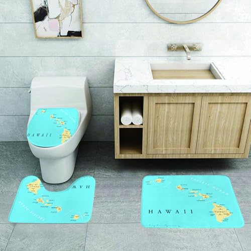 QRFASFZO 3 Stück Badematten und WC Vorleger Microfaser Weiches Badteppich badvorleger rutschfest Waschbar Badezimmerteppich Set,Hawaiianische Dekorationen, Karte der Hawaii-ln mit der Hauptstadt Hon von QRFASFZO