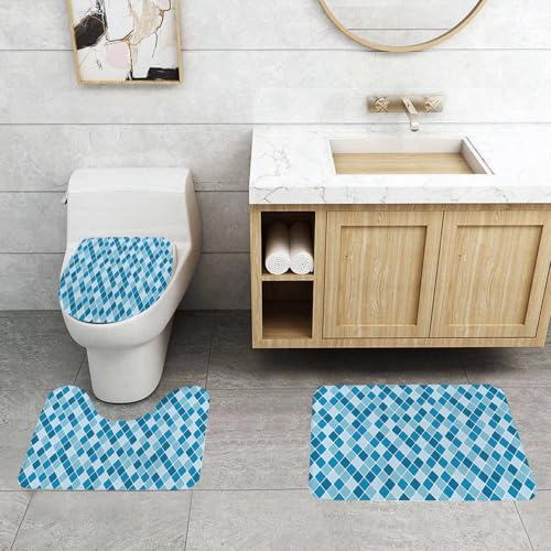 QRFASFZO 3 Stück Badematten und WC Vorleger Microfaser Weiches Badteppich badvorleger rutschfest Waschbar Badezimmerteppich Set,Hellblau, Harlekin-Winter-Muster, längliche Quadrate, Wasserfarben, an von QRFASFZO