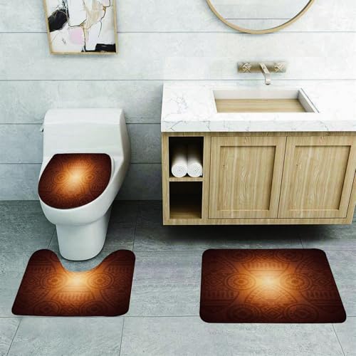 QRFASFZO 3 Stück Badematten und WC Vorleger Microfaser Weiches Badteppich badvorleger rutschfest Waschbar Badezimmerteppich Set,Hellbraun, afrikanisches Kunstmuster mit floralen und geometrischen EL von QRFASFZO