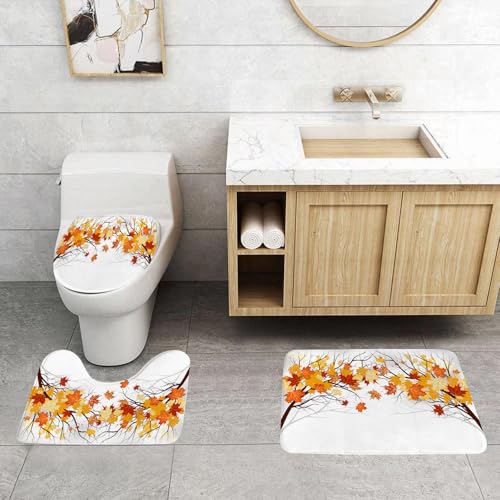 QRFASFZO 3 Stück Badematten und WC Vorleger Microfaser Weiches Badteppich badvorleger rutschfest Waschbar Badezimmerteppich Set,Herbstdekorationen, Bild von kanadischen Ahornblättern in einem von QRFASFZO