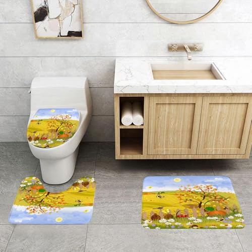 QRFASFZO 3 Stück Badematten und WC Vorleger Microfaser Weiches Badteppich badvorleger rutschfest Waschbar Badezimmerteppich Set,Herbstdekorationen, ländliche Szene mit Sonne, Schmetterlingen, Vögeln von QRFASFZO